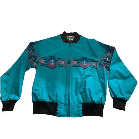 Vintage Wrangler Brushpopper Jacket Western Aztec Blue Mens M 90s Southwestern - Picture 10 of 16